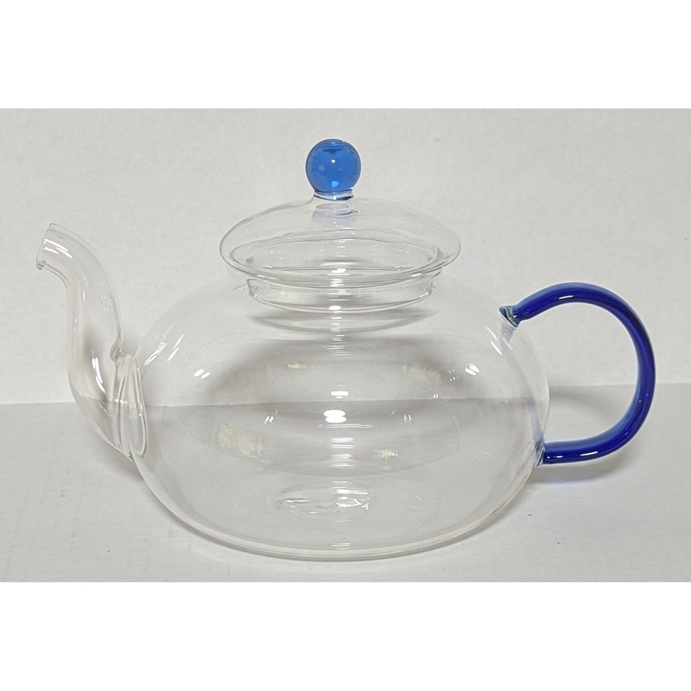 Teavana Handblown Glass Teapot Cobalt Blue Accents Applied Handle Heat Resistant